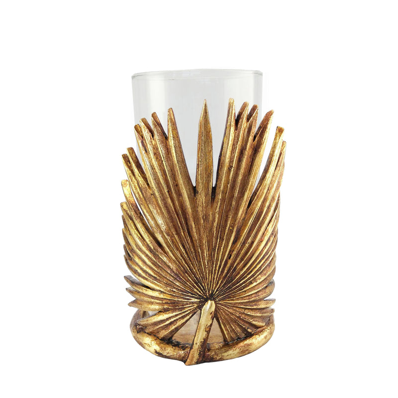 Polyresin Leaf Candle Holder With Glass, Gold