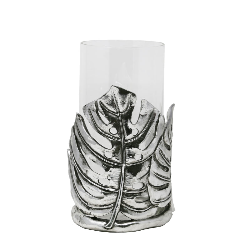 Polyresin Leaf Candle Holder With Glass, Silver