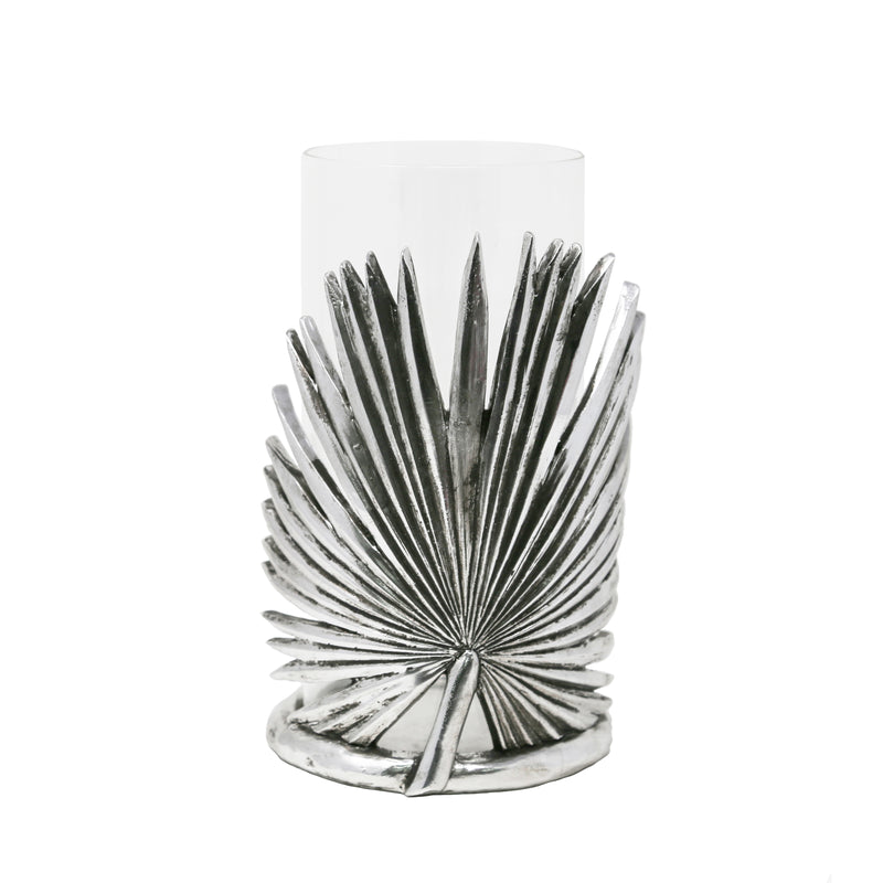 Polyresin Leaf Candle Holder With Glass, Silver