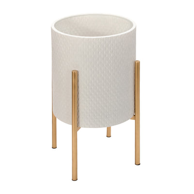 S/2 TEXTURED PLANTER ON METAL STAND, WHITE/GOLD