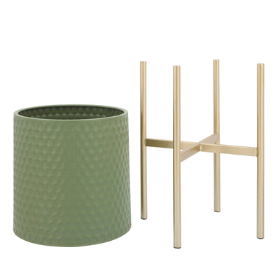 S/2 HONEYCOMB PLANTER ON METAL STAND, olive /gold