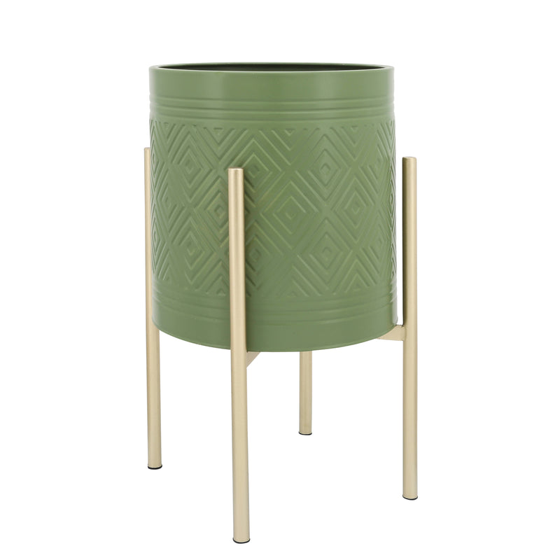 S/2 AZTEC PLANTER ON METAL STAND, OLIVE/GOLD