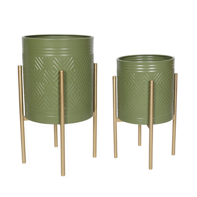 S/2 AZTEC PLANTER ON METAL STAND, OLIVE/GOLD