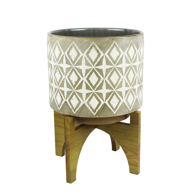 GRAY/WHITE PLANTER, WOOD STAND, 14.5"