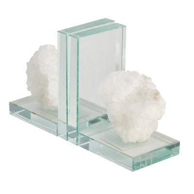 S/2 Glass & Geode Bookends, White