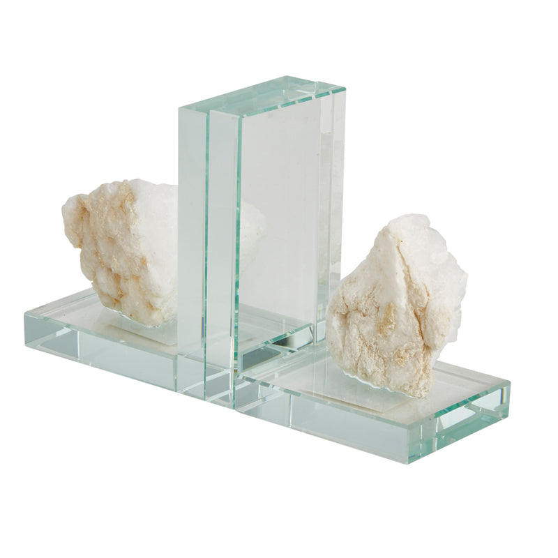 S/2 Glass & Geode Bookends, White