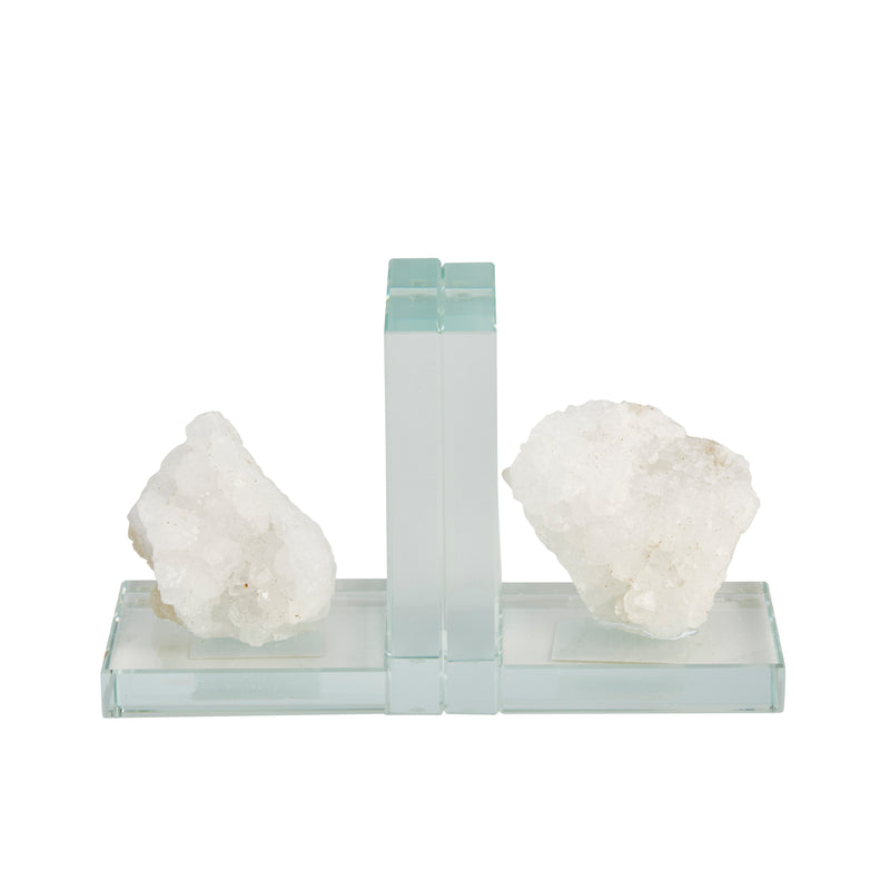S/2 Glass & Geode Bookends, White