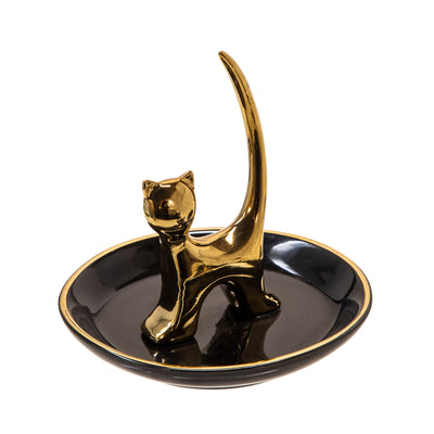 CERAMIC 4" CAT TRINKET TRAY, BLACK/GOLD