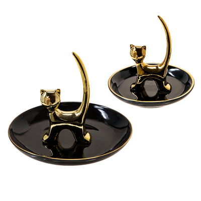 CERAMIC 4" CAT TRINKET TRAY, BLACK/GOLD