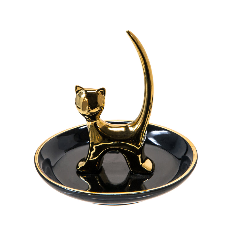 CERAMIC 4" CAT TRINKET TRAY, BLACK/GOLD