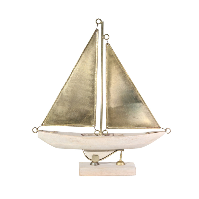 WOODEN SAILBOAT ON STAND , WHITE WASH