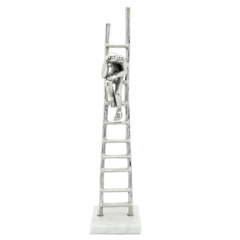 Metal Man Sitting On Ladder, Marble Base, Silver
