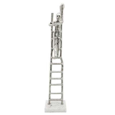 Metal Man Climbing Ladder, Marble Base, Silver