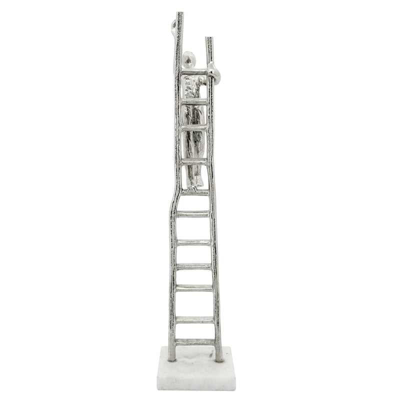 Metal Man Climbing Ladder, Marble Base, Silver