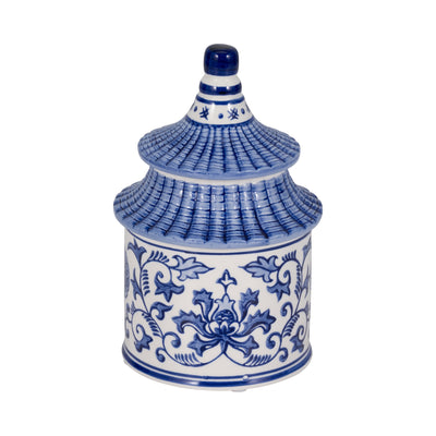 8" 9oz Plumeria Chinoiserie Pagoda Candle,blu/wht