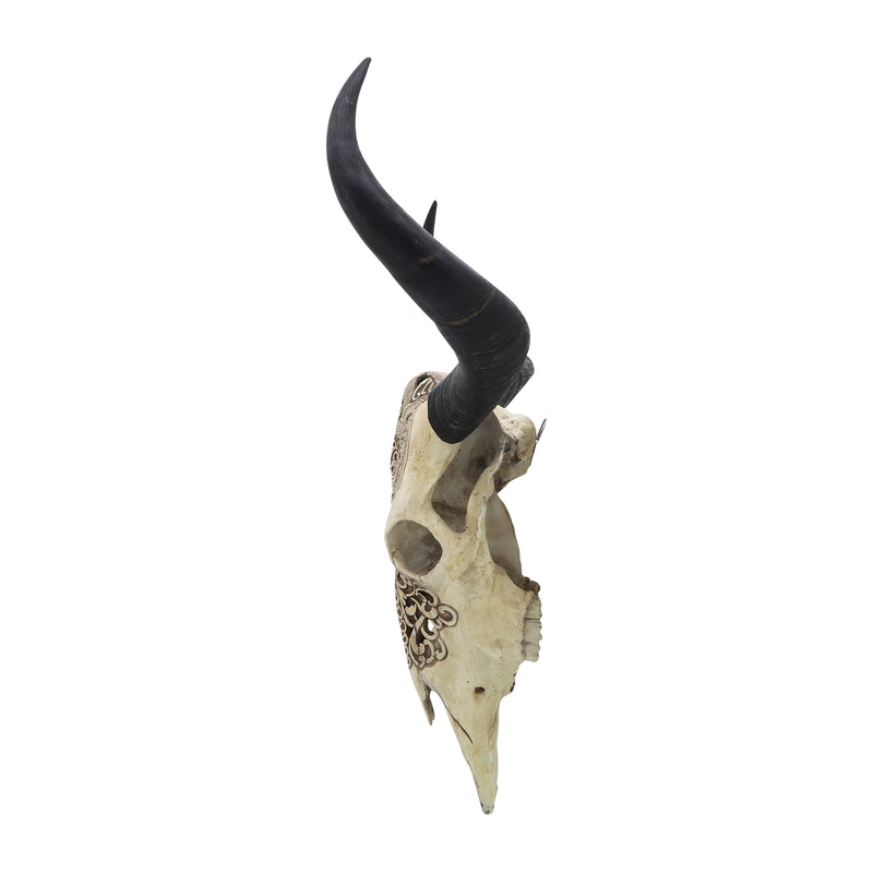 RESIN, 28" BULL SKULL WALL ACCENT, IVORY/BLACK KD