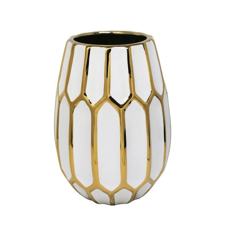 CERAMIC VASE 9.5" WHITE/GOLD