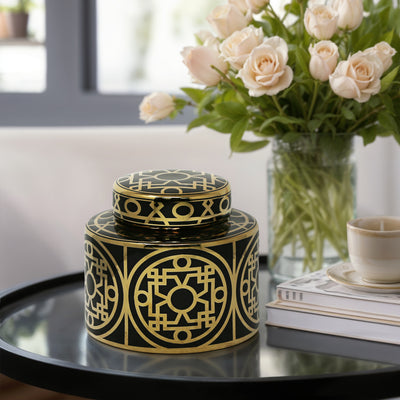 BLACK/GOLD CERAMIC JAR 7"