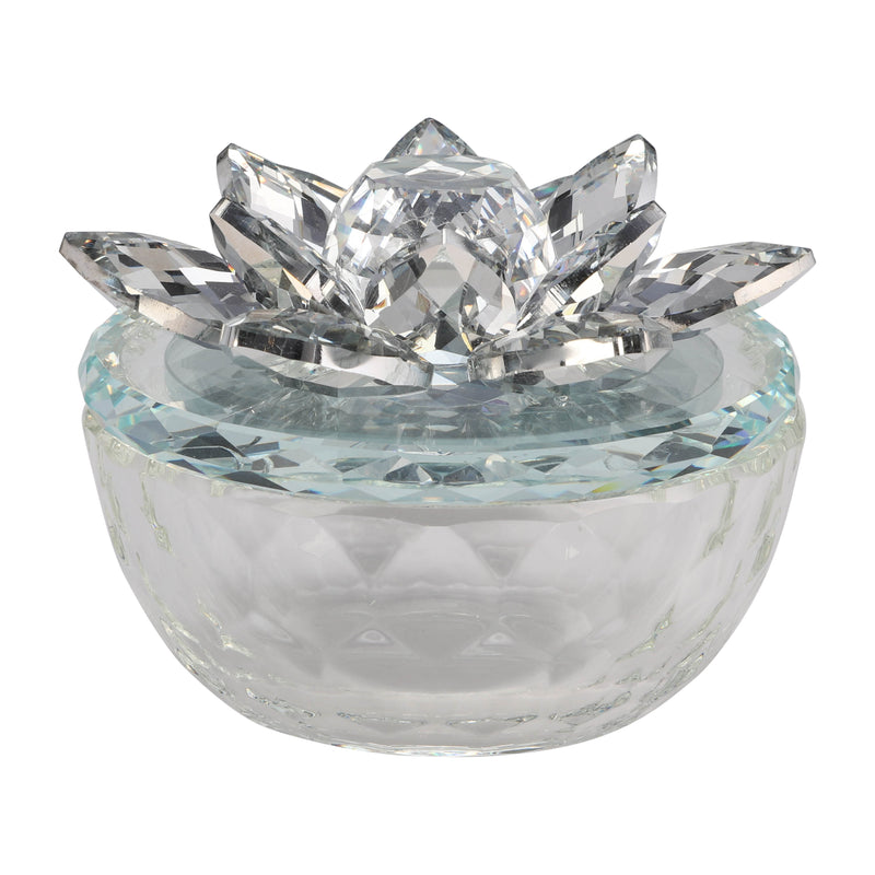 GLASS TRINKET BOX CLEAR W/SILVER LOTU