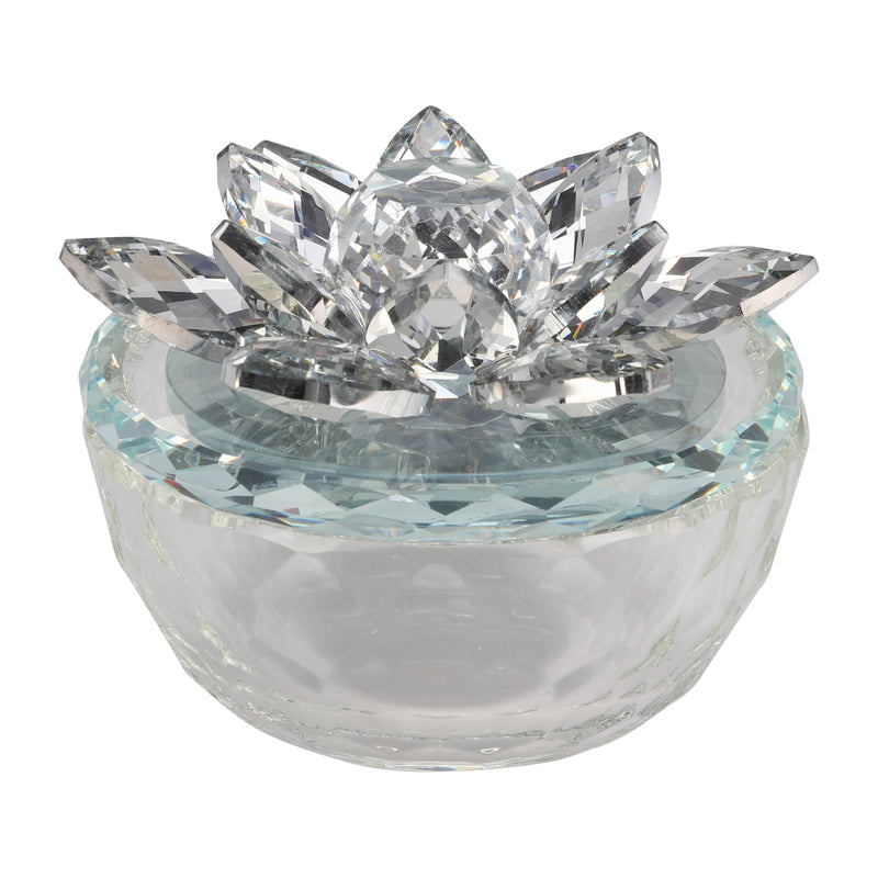 GLASS TRINKET BOX CLEAR W/SILVER LOTU