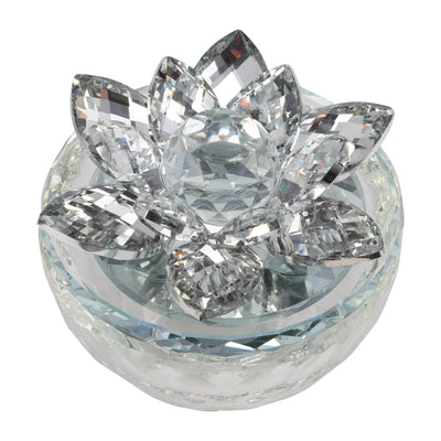 GLASS TRINKET BOX CLEAR W/SILVER LOTU