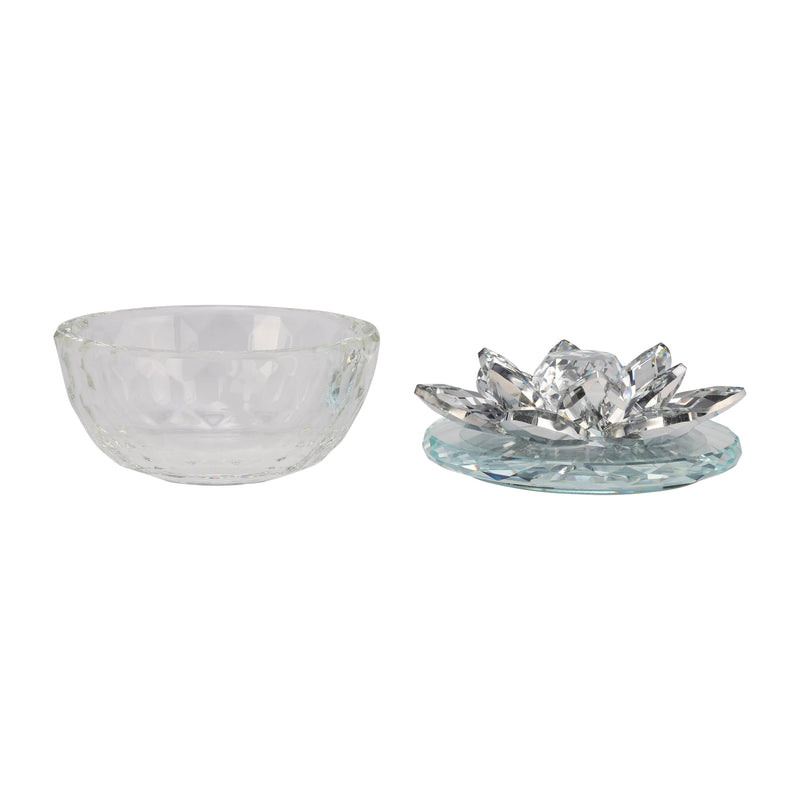 GLASS TRINKET BOX CLEAR W/SILVER LOTU