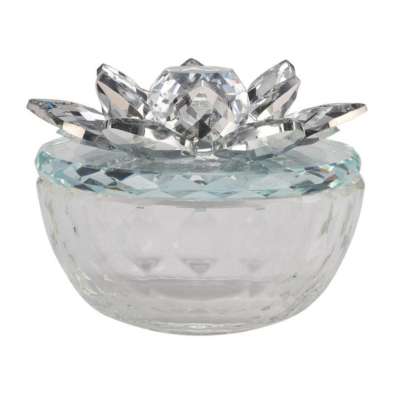 GLASS TRINKET BOX CLEAR W/SILVER LOTU