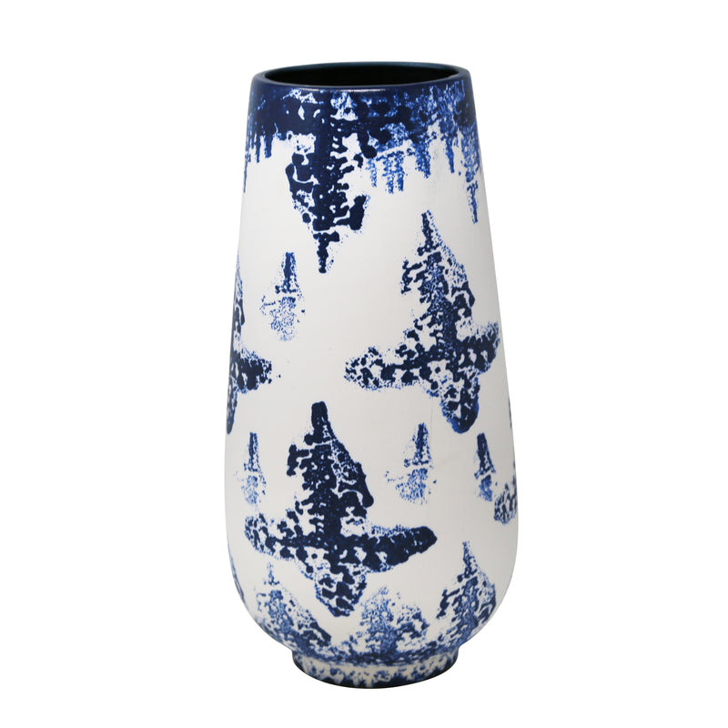 WHITE/BLUE SPONGE PATTERN VASE, 14"