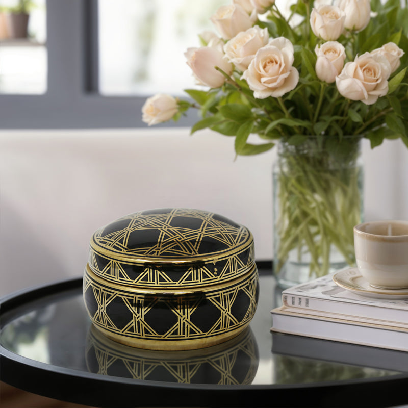 Ceramic Covered Square Design Jar, Black/Gold