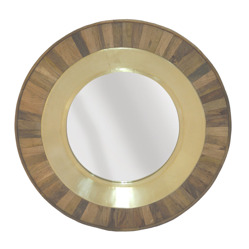 Wooden Round Mirror W/Brass Inside Edge, Gold