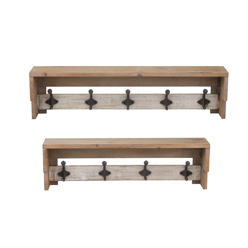 S/2 WALL SHELVES WITH HOOKS, BROWN