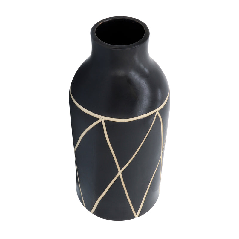 CER, 16"H TRIBAL VASE, BLACK