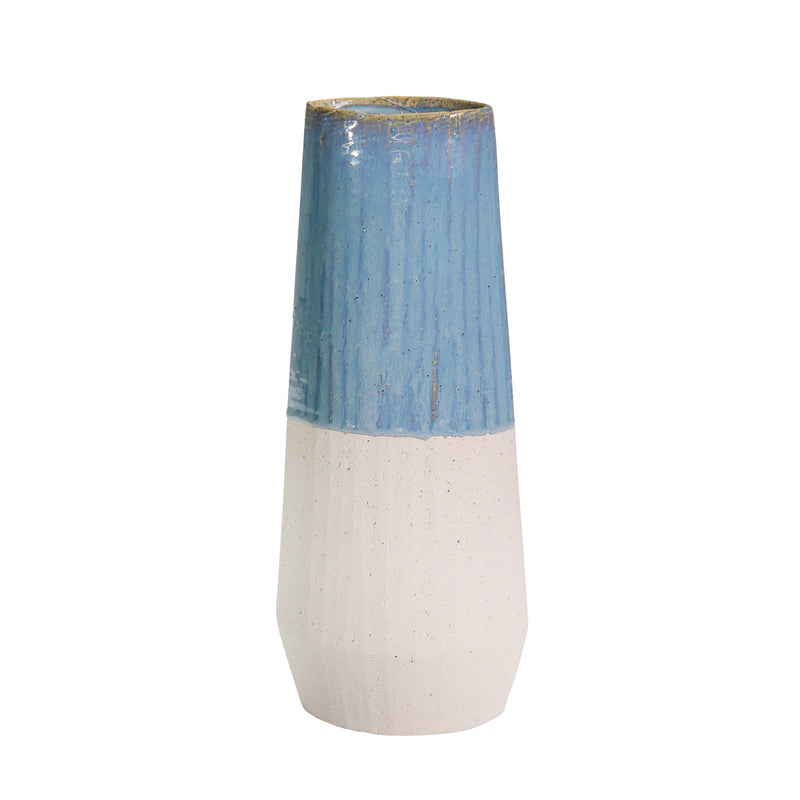 CERAMIC 15.5" VASE, BLUE/IVORY