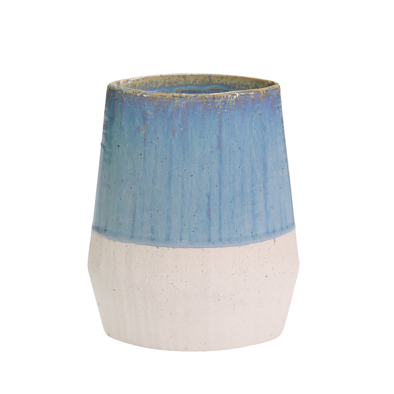 CERAMIC 9" VASE, BLUE/IVORY