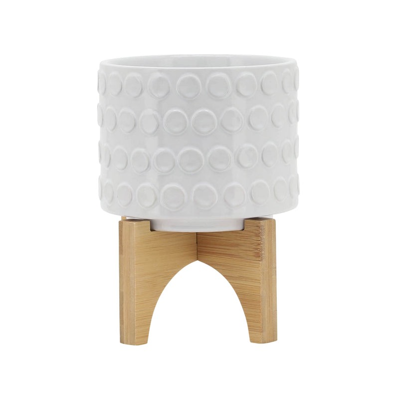 CERAMIC 5" PLANTER ON WOODEN STAND, WHITE