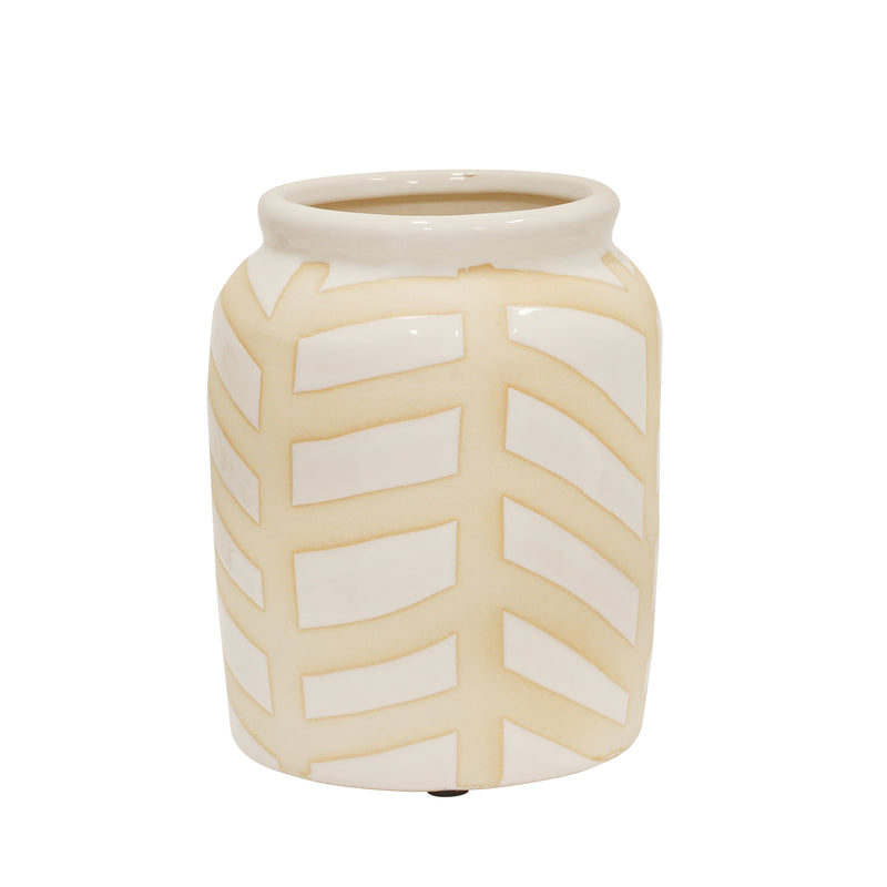 CERAMIC CHEVRON VASE 9", WHITE/BEIGE