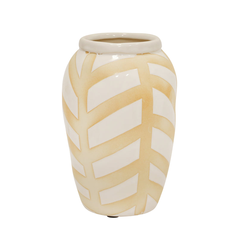 CERAMIC CHEVRON VASE 9", WHITE/BEIGE