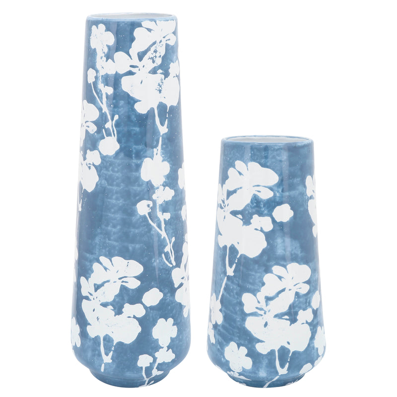 Cer 13" Floral Vase, Sky Blue/White