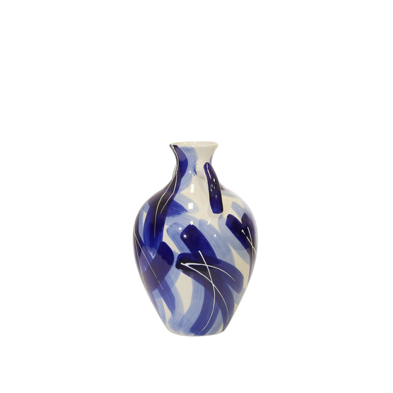 CERAMIC 12" HANDLED VASE, BLUEMIX