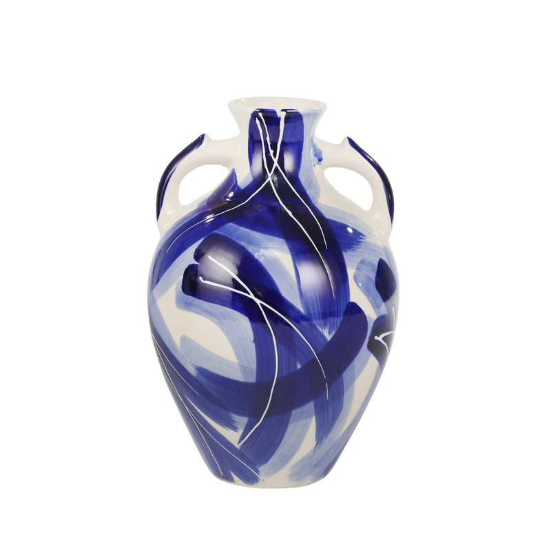 CERAMIC 12" HANDLED VASE, BLUEMIX