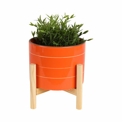 8" STRIPED PLANTER W/ WOOD STAND, ORANGE