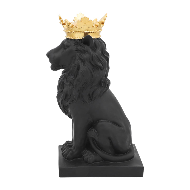 POLYRESIN 14" LION FIGURINE W/CROWN, BLACK