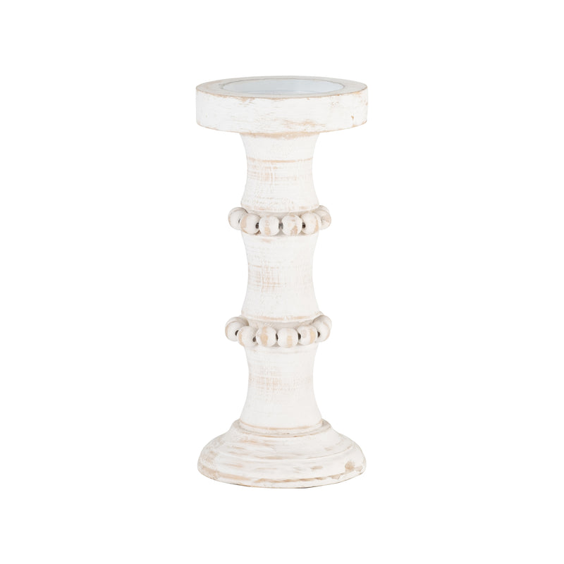 WOOD, 11" ANTIQUE STYLE CANDLE HOLDER, WHITE