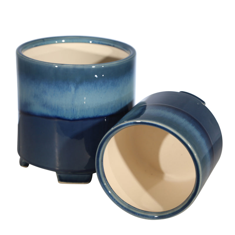 S/2 CERAMIC 6/8" FOOTED PLANTER, REACTIVE BLUE