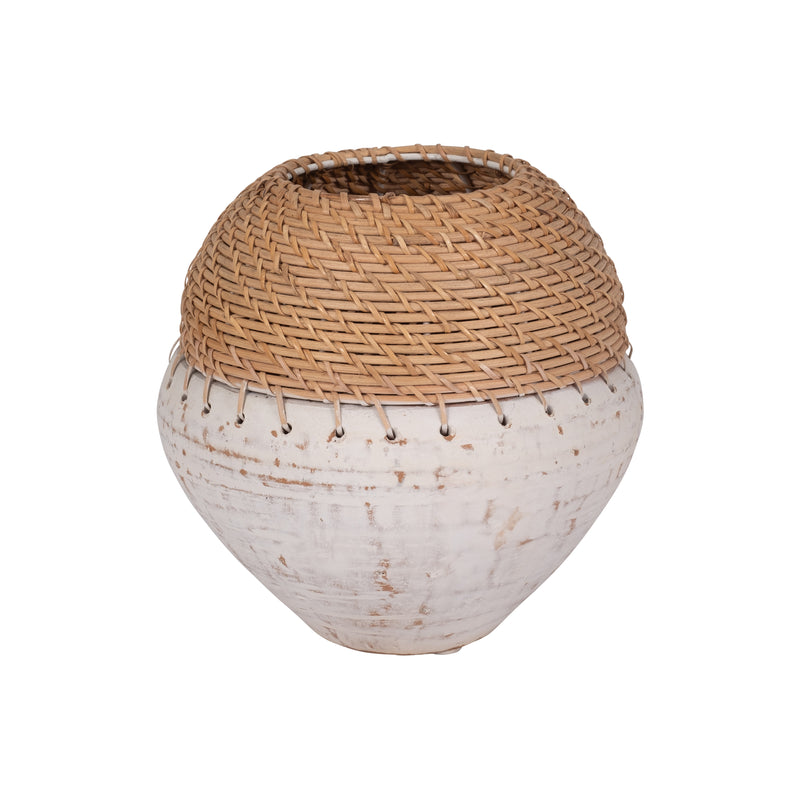 CLAY, 9" VASE WITH WOVEN TOP, WHITE/NATURAL