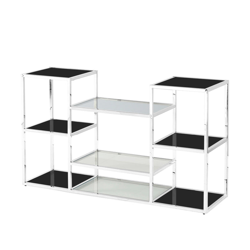 STAINLESS STEEL, CONSOLE TABLE, SILVER/BLACK GLASS