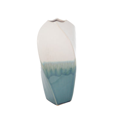 CERAMIC 12" TWIST VASE, WHITE/BLUE