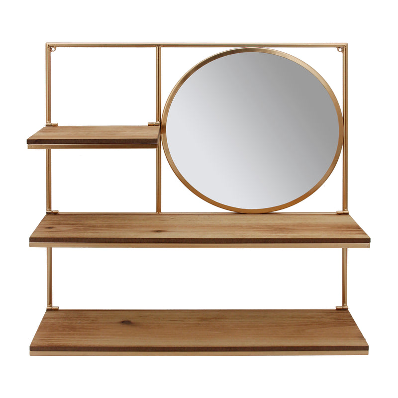 Metal 24" Wall Shelf W/ Round Mirror, Gold