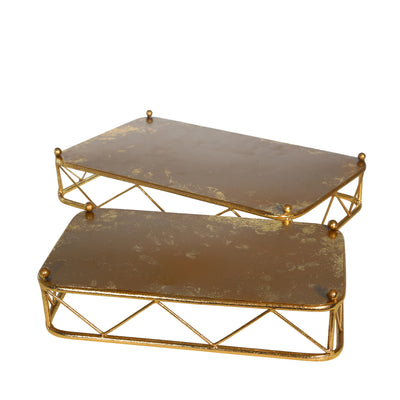 S/2METAL/GLASS TRAYS, GOLD LEAF