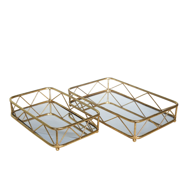 S/2METAL/GLASS TRAYS, GOLD LEAF